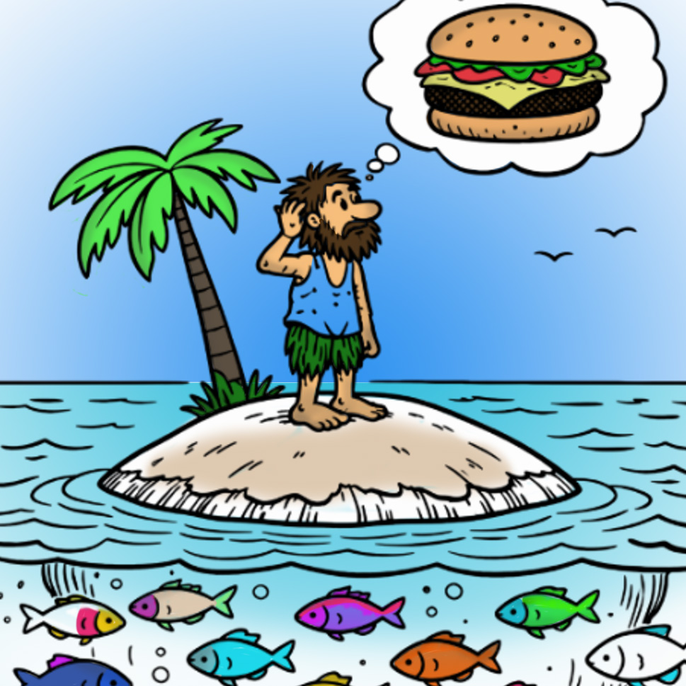 Ilustración de un naufrago pensando en una hamburguesa, sobre un océano de peces
