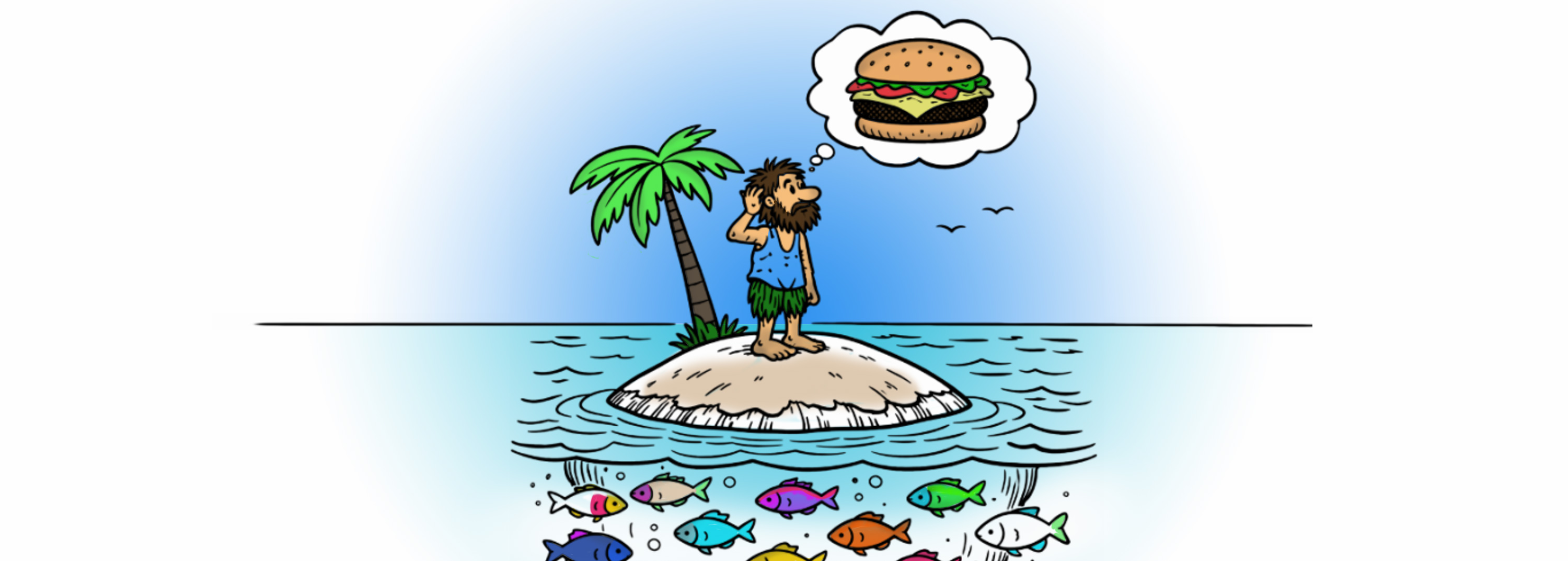 Ilustración de un naufrago pensando en una hamburguesa, sobre un océano de peces