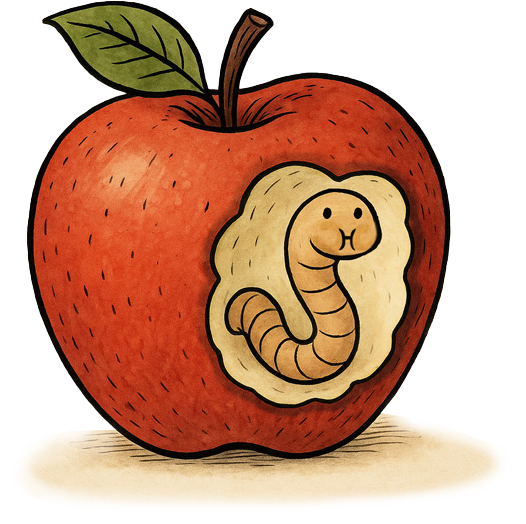 Ilustración de un gusanito comiéndose una manzana desde adentro.