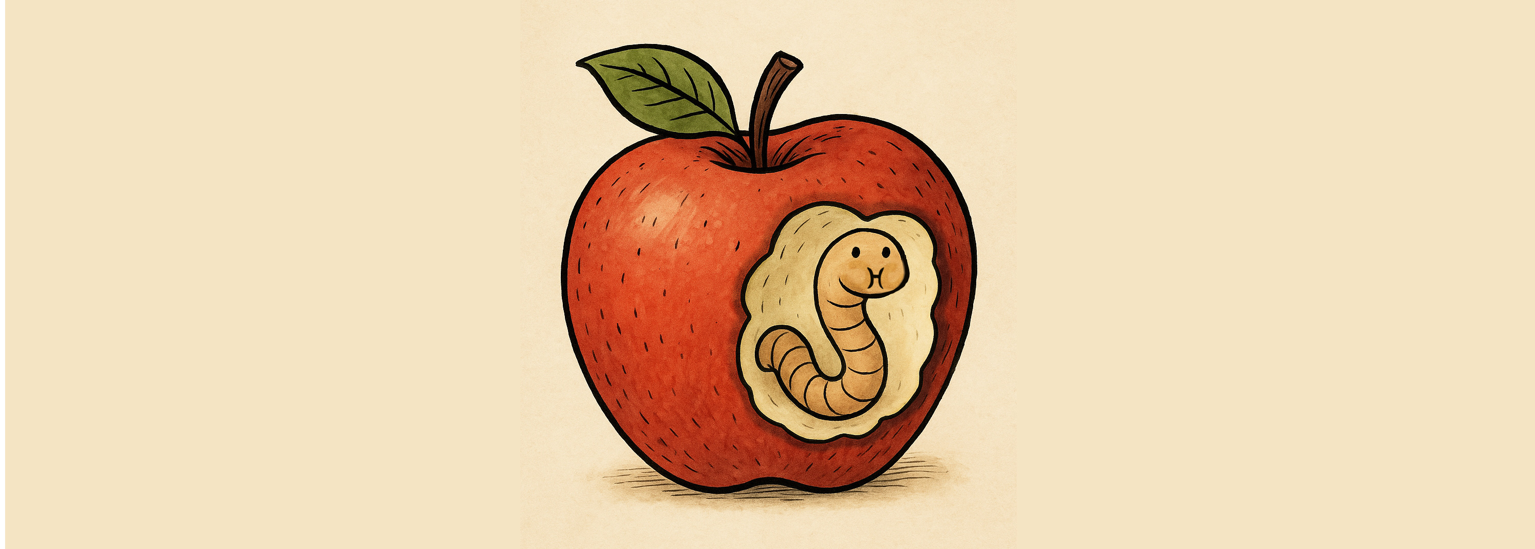 Ilustración de un gusanito comiéndose una manzana desde adentro.