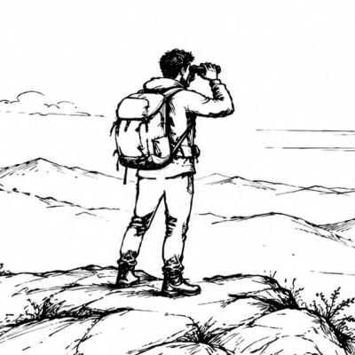Caminante con binoculos ante un paisaje desolado.